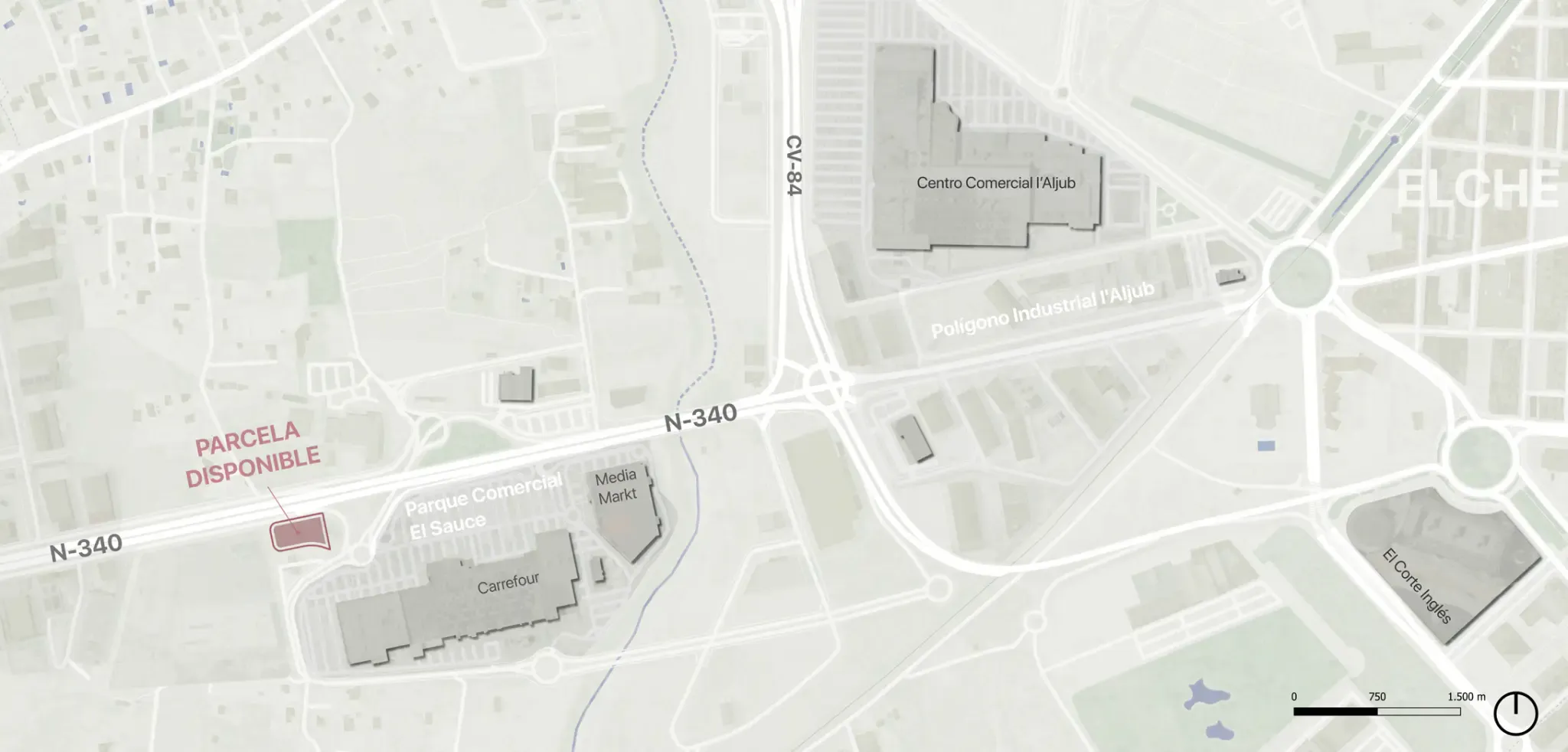 Vista aérea de la parcela E29 en venta junto a Carrefour Elche y L'Aljub